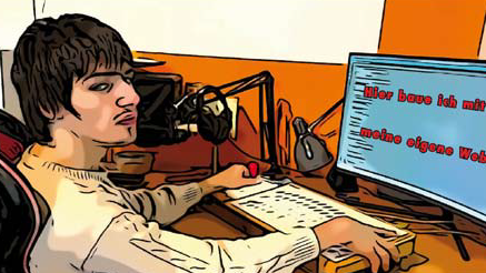 Zeichnung eines jungen Mannes vor einem Computer.