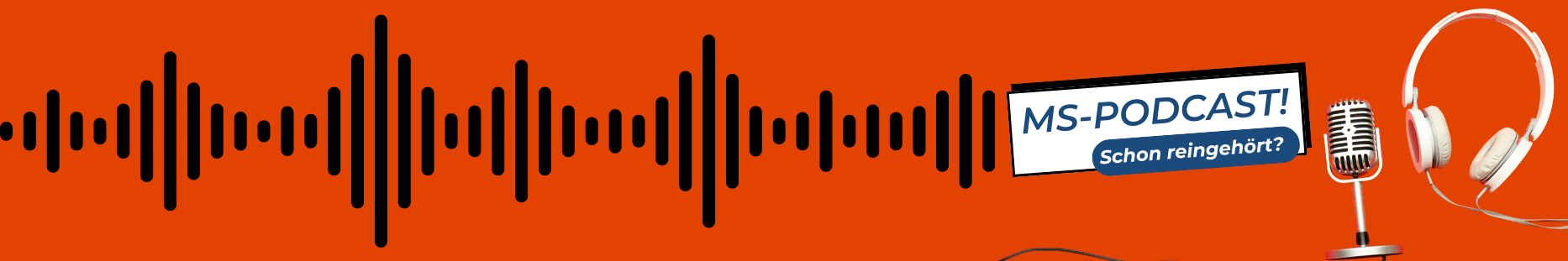Eine stilisierte Audio-Frequenz. Daneben Kopfhörer und ein Mikrofon.