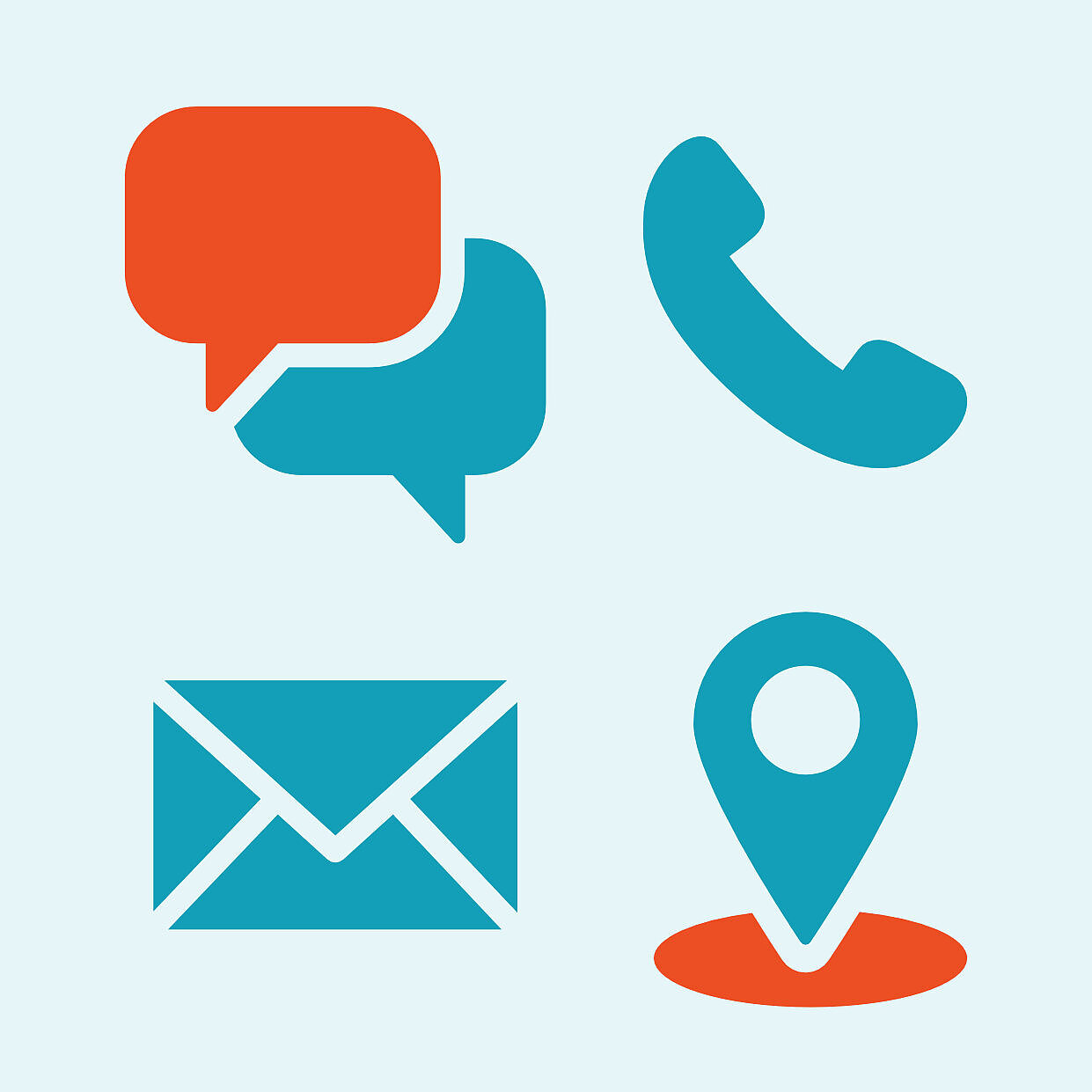 Betroffenenberatung Geschäftsstelle Vier Icons: Beratung, Telefon, Mail, Ort