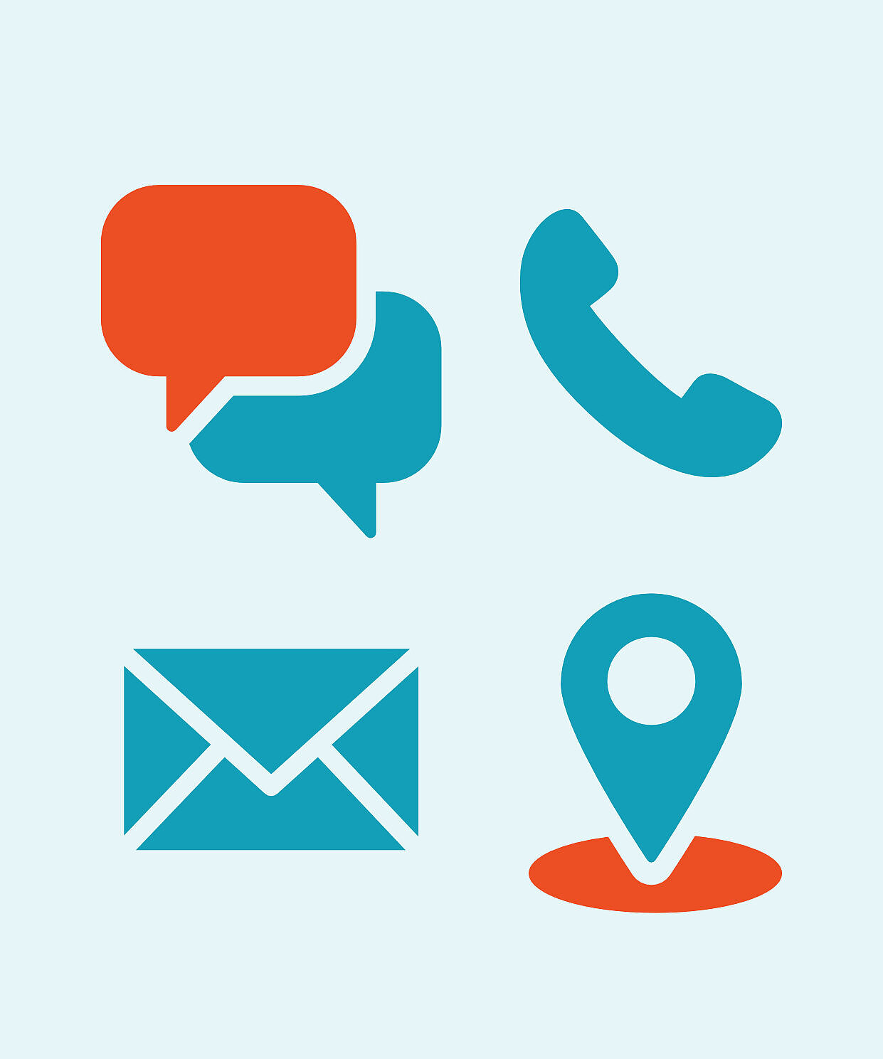 Vier Icons: Beratung, Telefon, Mail, Ort