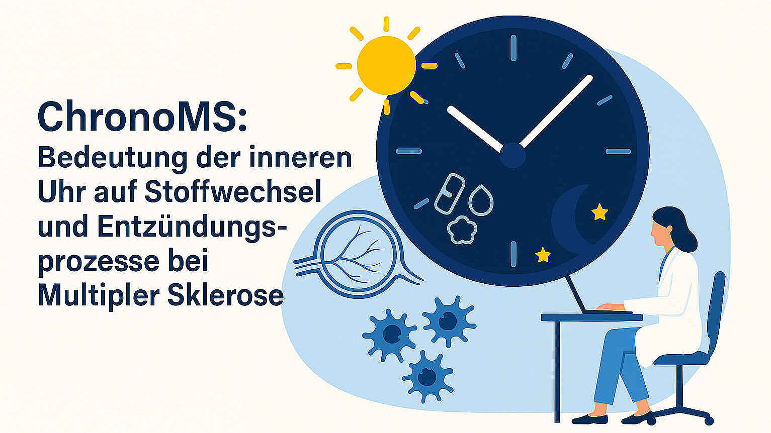 Eine Forscherin sitzt am Rechner. Im Mittelpunkt des Bildes die grafische Darstellung einer großen Uhr.