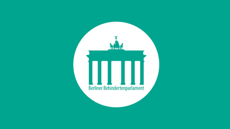 Logo des Berliner Behindertenparlaments mit dem Brandenburger Tor.  