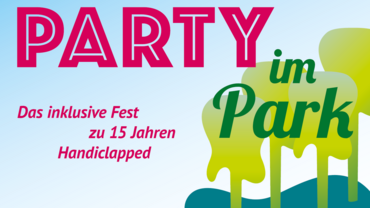 Die Überschrift "Party im Park". Dahinter eine Grafik bestehend aus grünen Bäume in Form von Gitarren.