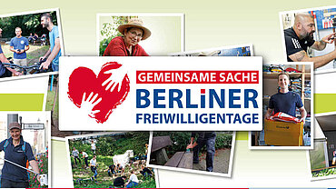 Logo der Berliner Freiwilligentage. Im Hintergrund verschiedene Fotos in Polaroid-Optik.