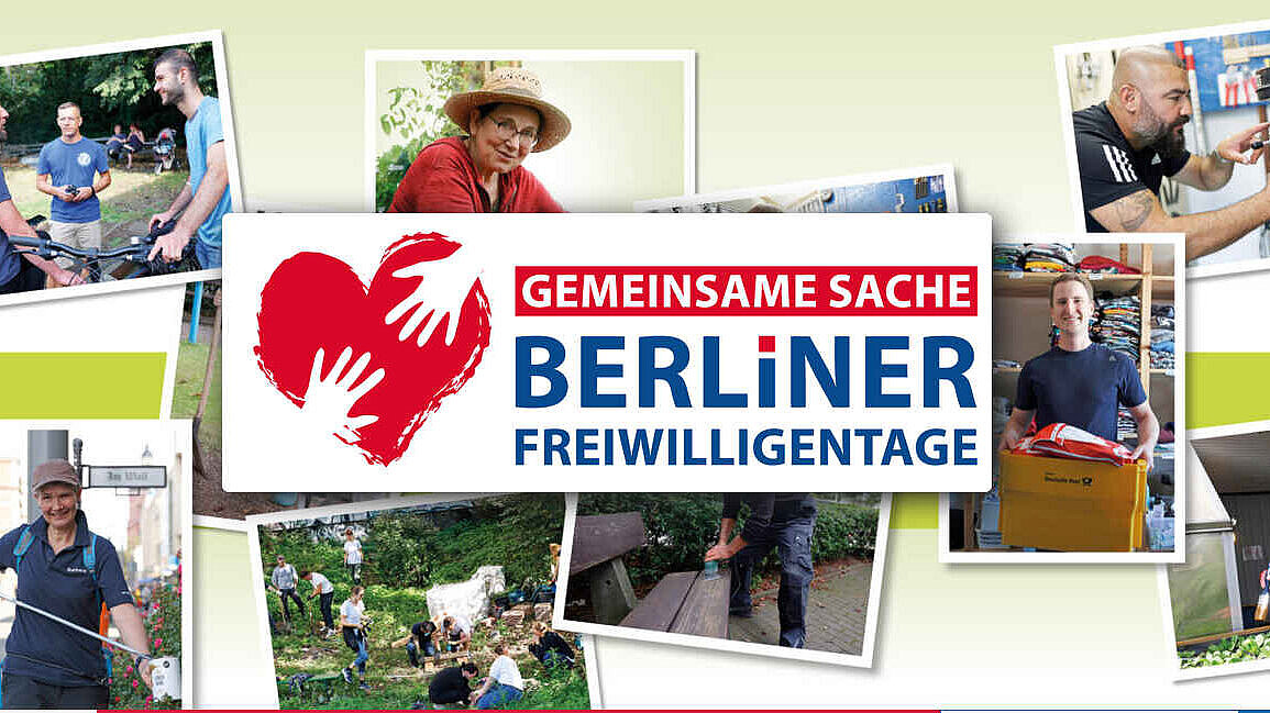 Logo der Berliner Freiwilligentage. Im Hintergrund verschiedene Fotos in Polaroid-Optik.