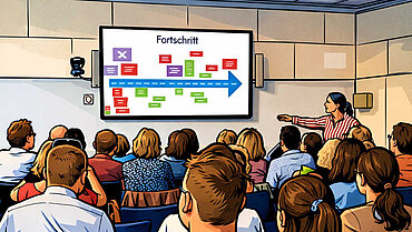 Infoveranstaltung Charité Buch Comicartiges Bild von Menschen, die einem Vortrag zuhören.