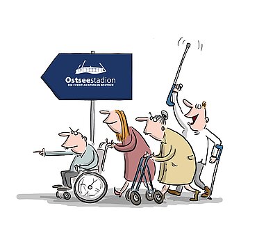 Messe Cartoon mit Menschen mit Krückstock, Gehhilfe und Rollstuhl, die dem Schild "Ostseestadion" folgen.
