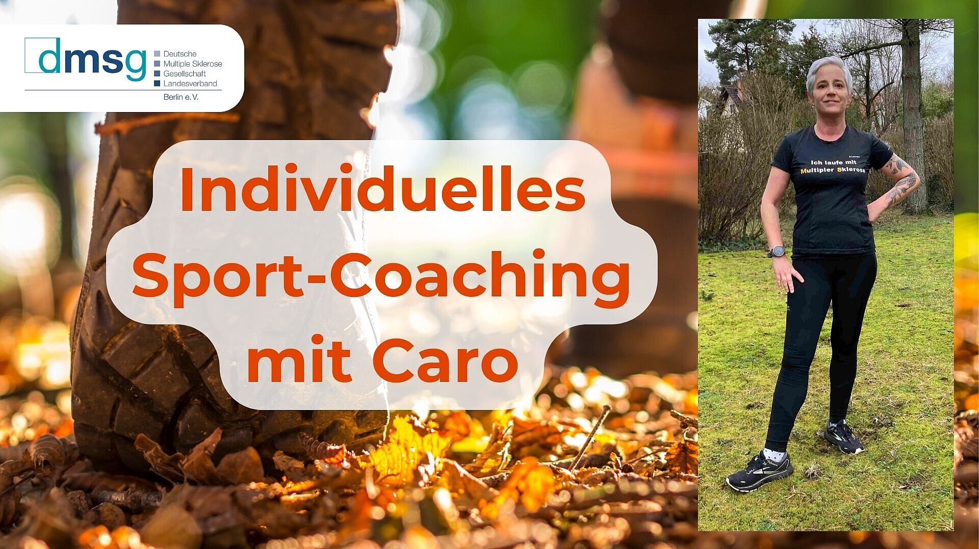 Im Vordergrund eine Frau. Als Hintergrundfoto eine Nahaufnahme der Füße einer laufenden Person im Wald.