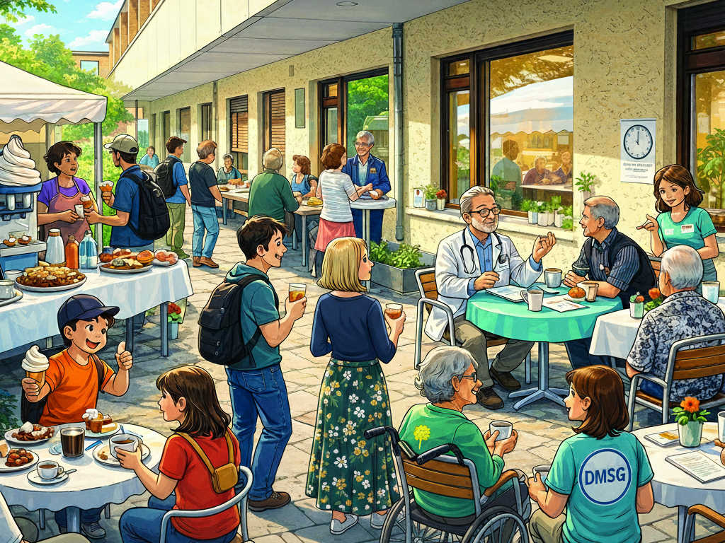 Comic-Bild mit Menschen im Garten hinter einem Gebäude.