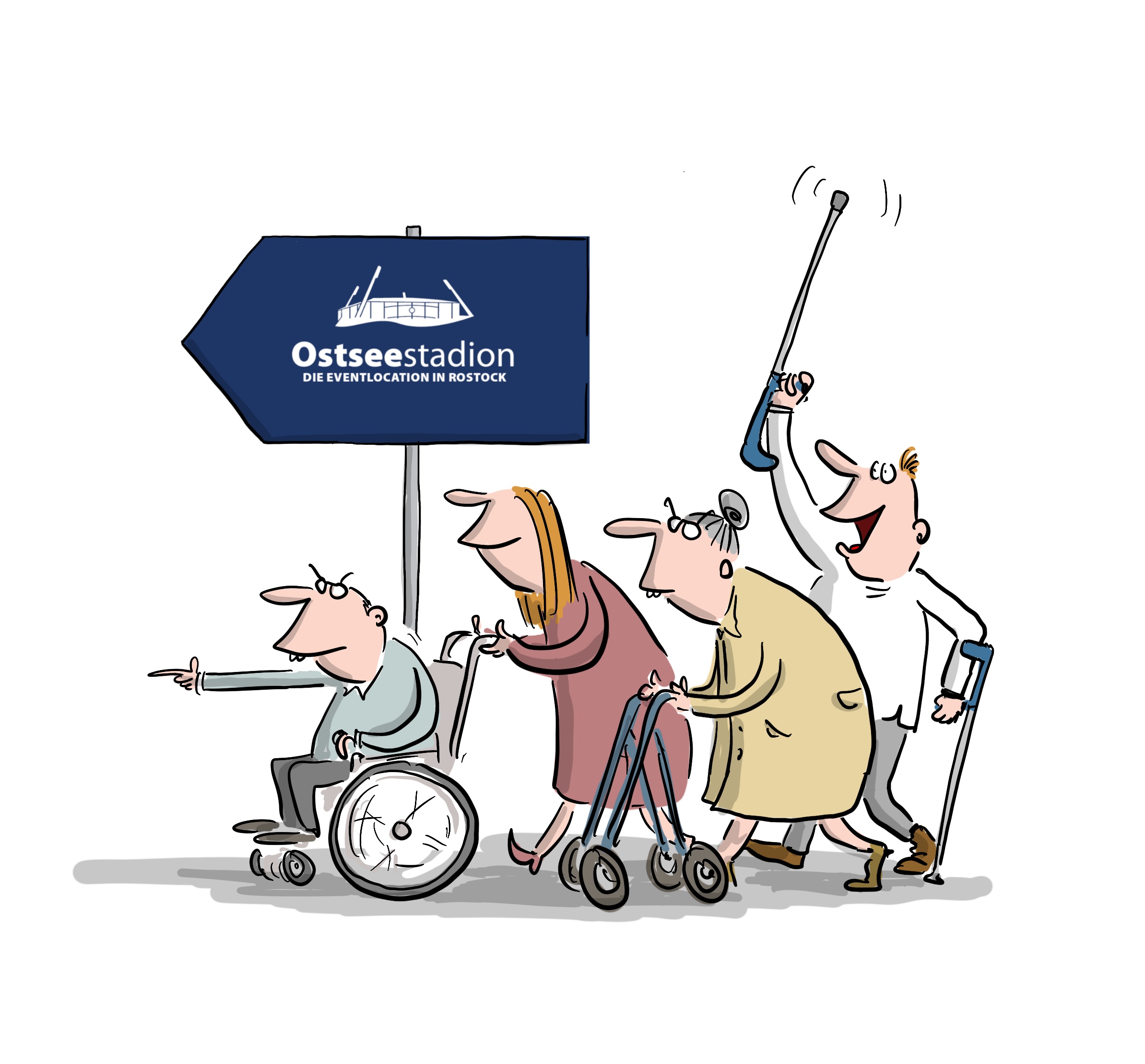 Cartoon mit Menschen mit Krückstock, Gehhilfe und Rollstuhl, die dem Schild "Ostseestadion" folgen.
